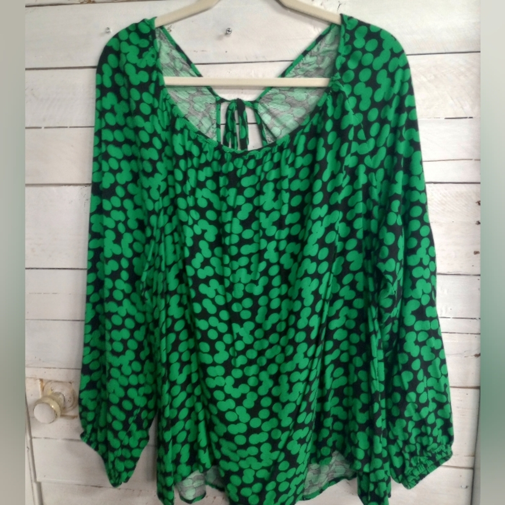 Ava & Viv Womens Plus Size 2X Black Kelly Green Polka Dot Balloon Long Sleeve